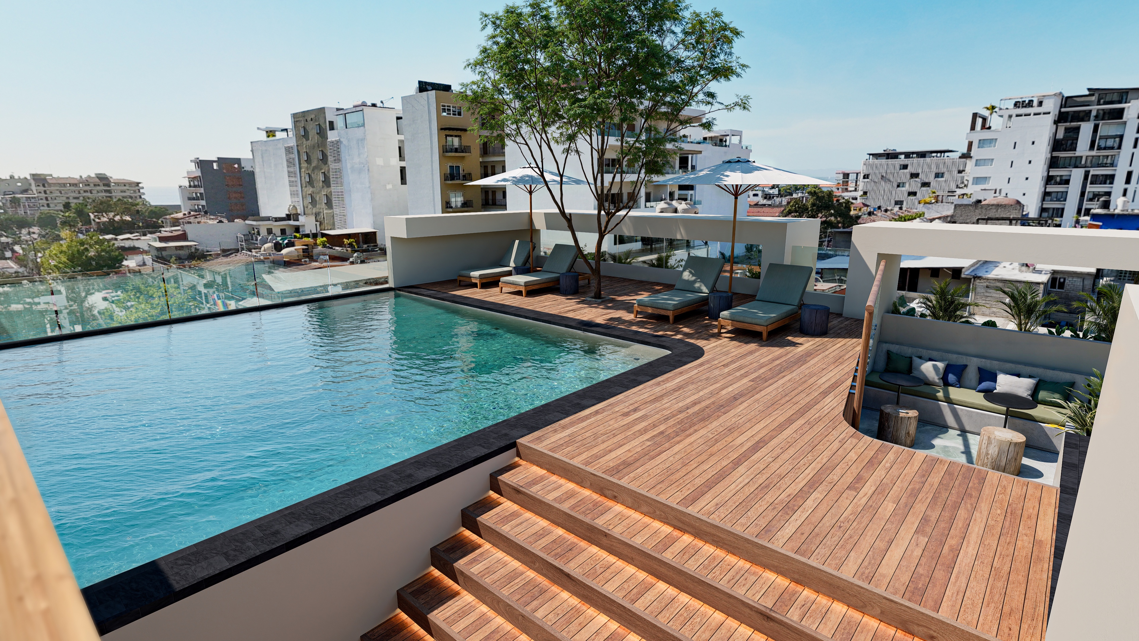 Rooftop pool and sun deck surrounded by city residences