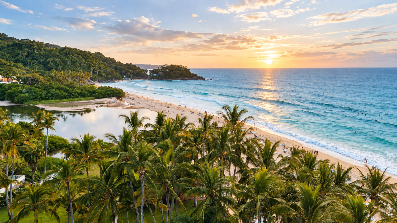 San Pancho beach and palm trees at sunset