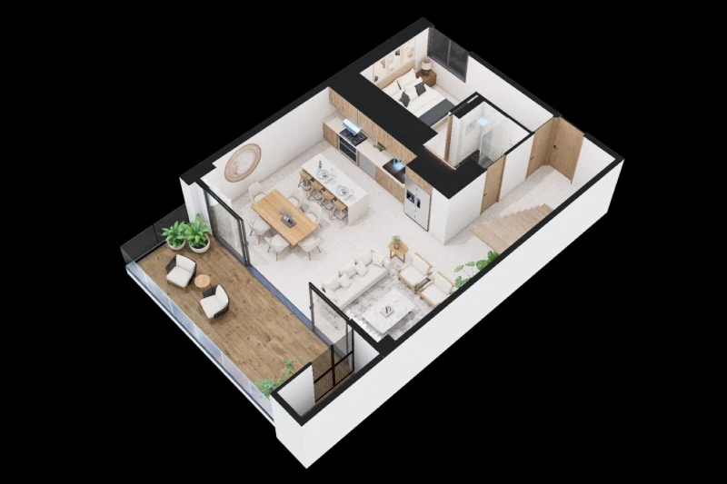 Illustrative 3D floor plan of the lower level with kitchen, living area and bedroom