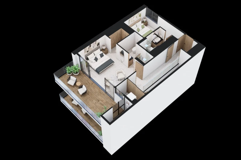Illustrative 3D floor plan of the upper level with two bedrooms and terrace