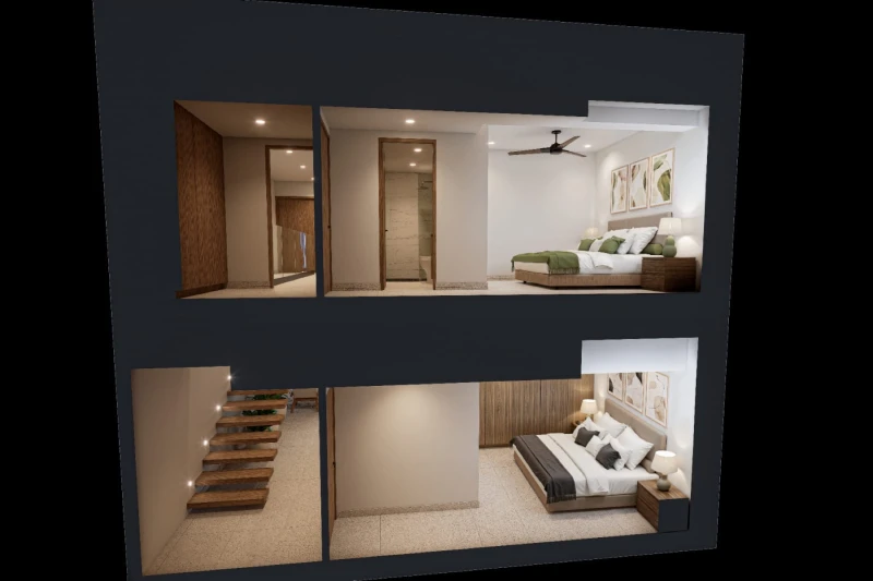 Illustrative sectional rendering of the two upper bedrooms and staircase