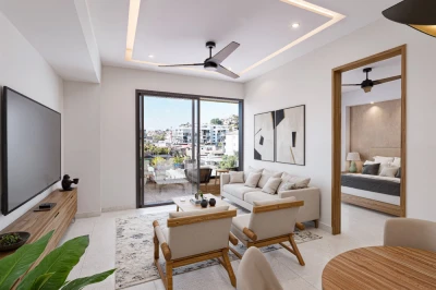 Illustrative rendering of the living room with terrace and adjoining bedroom