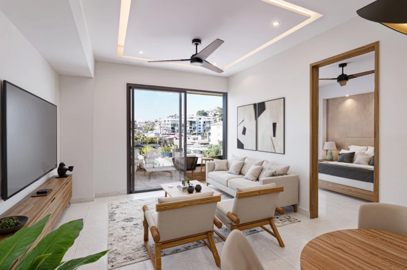 Illustrative rendering of the living room with terrace and adjoining bedroom