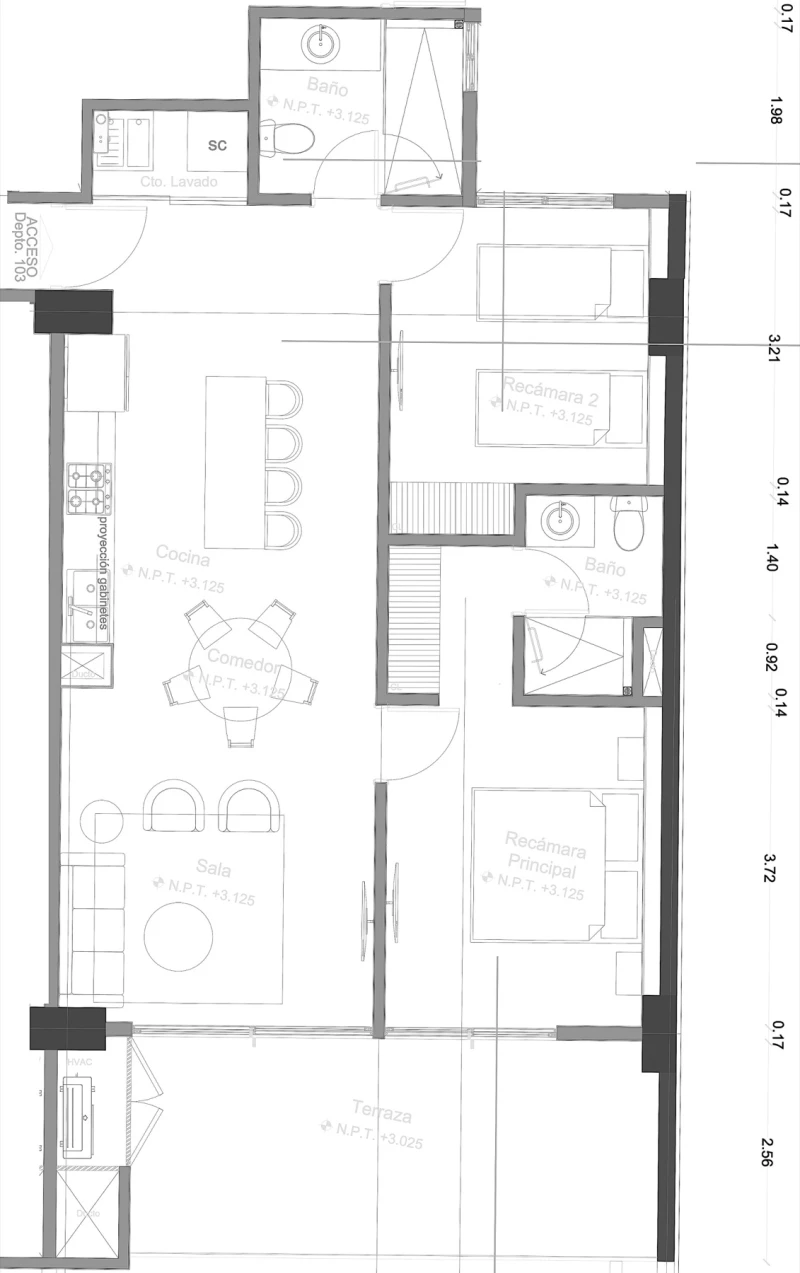 Architectural floor plan for units 203 and 303