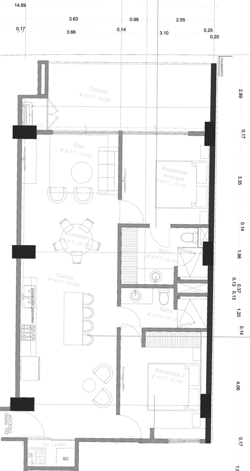 Architectural floor plan for units 102, 202 and 302