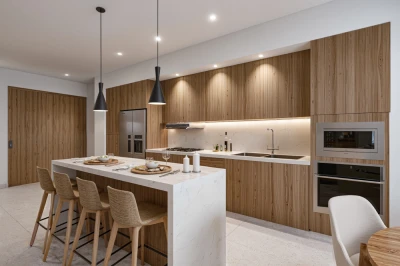 Illustrative rendering of the wood-finished kitchen with island seating
