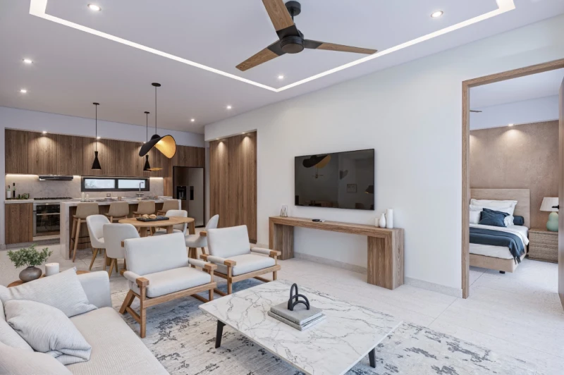 Illustrative rendering of the living room, dining area and open kitchen