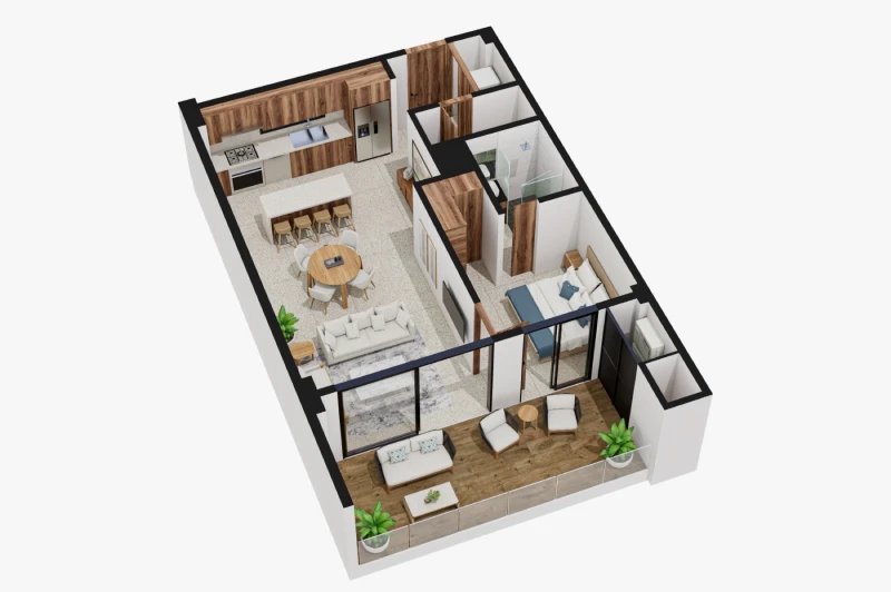 Illustrative 3D floor plan of a one-bedroom residence with terrace