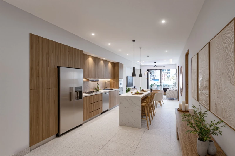 Illustrative rendering of the open kitchen and island leading to the living room