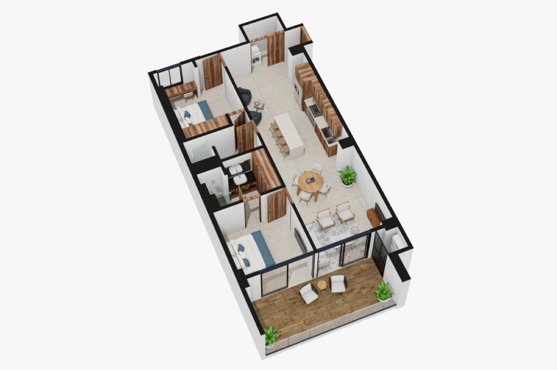 Illustrative 3D floor plan of a two-bedroom residence with an open living area