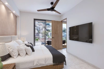 Illustrative rendering of a bedroom with television and terrace access
