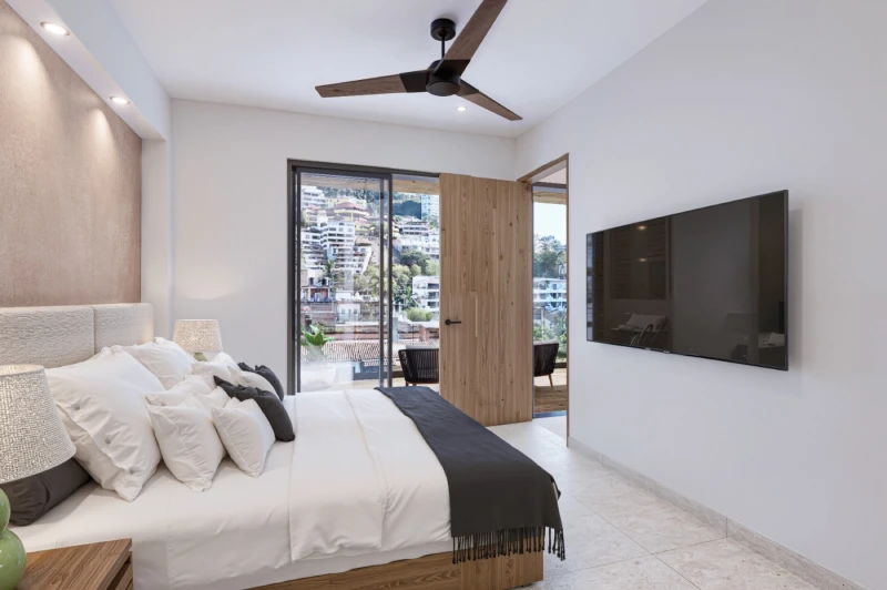 Illustrative rendering of a bedroom with television and terrace access