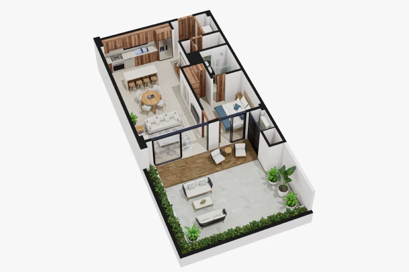 Illustrative 3D floor plan of the PB1 one-bedroom residence and patio