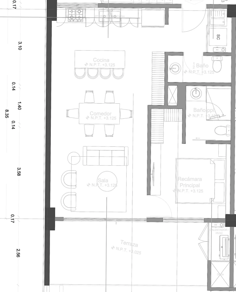 Architectural floor plan for units 104, 204 and 304