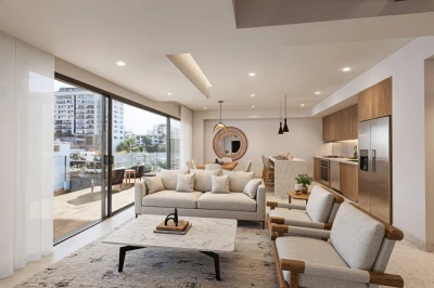 Illustrative rendering of the living room, dining area and kitchen beside the terrace