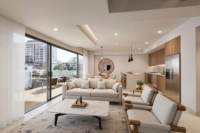 Illustrative rendering of the living room, dining area and kitchen beside the terrace
