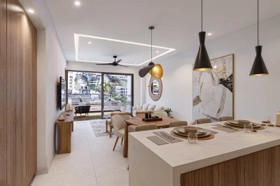 Illustrative rendering of the open kitchen, dining room and living area