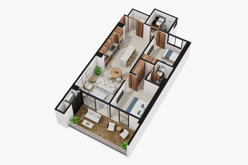 Illustrative 3D floor plan of a two-bedroom residence with terrace seating
