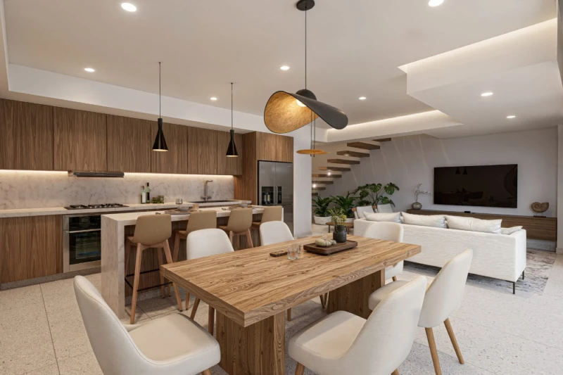 Illustrative rendering of the open kitchen, dining room and living area by the staircase