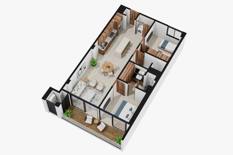 Illustrative 3D floor plan of a two-bedroom residence with terrace